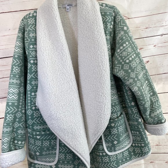 SOLD SONOMA Green & Cream Aztec Print Sherpa Lined Cardigan Jacket NWOT - Picture 7 of 16